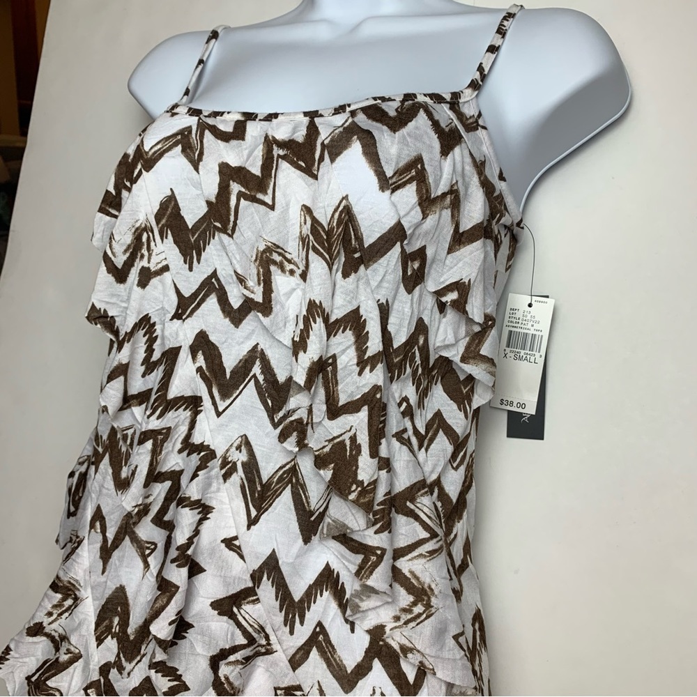 AB Studio White Brown Chevron Spaghetti Straps Fringe Blouse - Picture 3 of 16